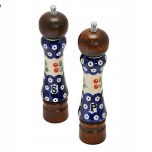 Salt and pepper mill set made from wood and porcelain, Set of salt and pepper grinder, 2 pieces of handmade wooden and ceramic grinders