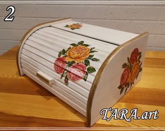 Vintage bread box from wood, retro bread bin, decorative storage box with flowers, white kitchen decoration with antique gold, rose pattern