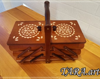 Hand carved sewing kit box, jewelry organizer light brown colour, storage box with folk pattern, fold out box made from wood, birthday gift