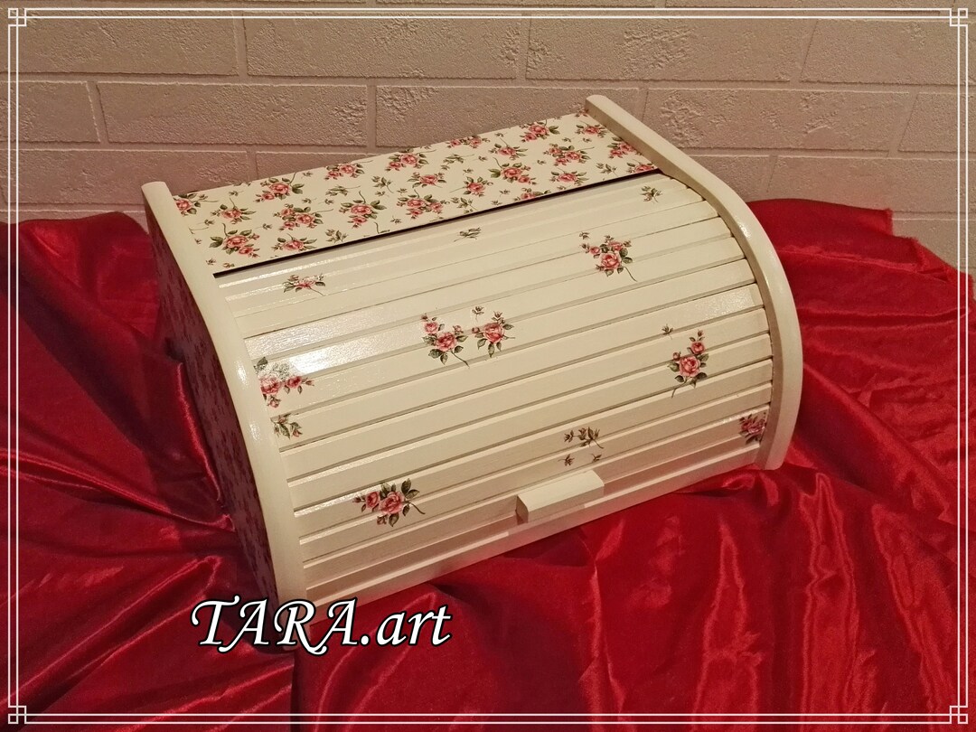 White Bread Box Decorated With Small Roses, Wooden Bread Box, Modern