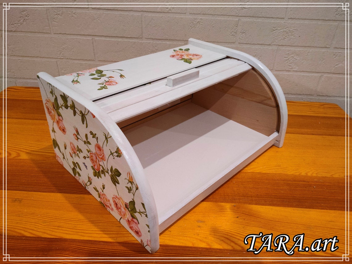 White Wooden Bread Box Decorated With Decoupage Wooden Bread Etsy