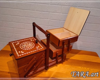 Caja de costura marrón, caja de almacenamiento de madera para kit de costura, caja plegable para joyería, acordeón de caja de costura de madera grande, caja de costura con tapas talladas