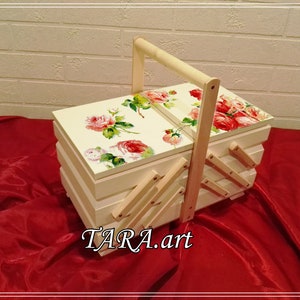Accordion sewing box, big white storage box for art and craft supplies, wooden jewellery casket, rose motive, beautiful present for woman