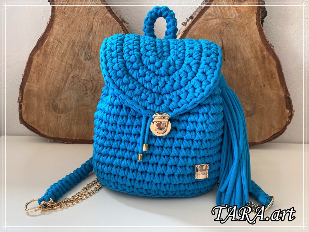 Handmade Crochet Backpack: Blue Knitted T-shirt Yarn Rucksack - Etsy