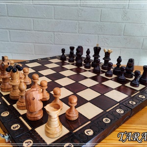 Wooden chess board, Carved chess set made of wood, Decorative chess, Handmade chess pieces wood, Foldable chessboard with storage space