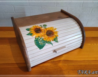 Wooden bread bin with sunflowers, bread box from wood, vintage bread box, white and brown bread bin, decoupage bread storage, food container