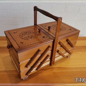 Ornamental sewing box, big storage box with folk motive, light brown wooden box, carved keepsake box, best gift for mother, sister or friend