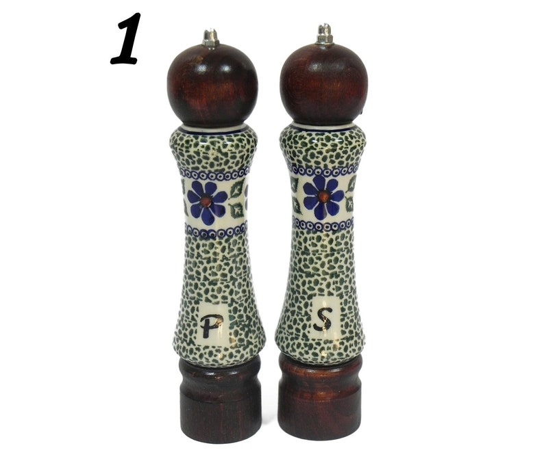 Set of salt and pepper mill made from wood and porcelain, Set of salt and pepper grinder, 2 pieces of handmade wooden and ceramic grinders image 2