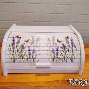 Decorative bread box, wooden bread box, mininalist bread box, simply bread bin, kitchen storage, white bread box with lavender motive