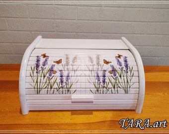 Decorative bread box, wooden bread box, mininalist bread box, simply bread bin, kitchen storage, white bread box with lavender motive