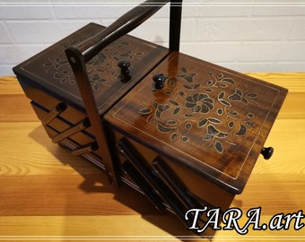 Caja de costura grande en color marrón oscuro, caja de almacenamiento de madera para joyas, caja desplegable para artículos de artesanía, acordeón de caja de costura, caja ornamental