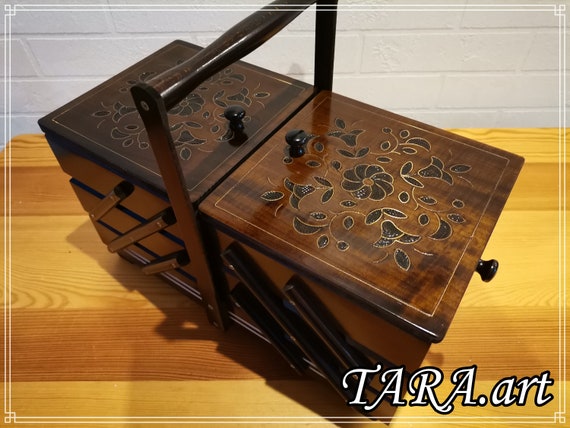 Big Sewing Box in Dark Brown Colour, Wood Storage Box for Jewelry