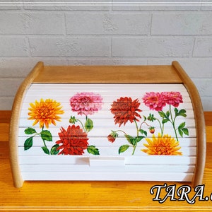 Floral bread box, large bread bin with dahlias, white and brown food storage, kitchen decoration with flowers, personalized gift