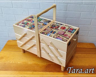 The biggest sewing box, wood storage box for sewing kit, fold out box for craft supplies, sewing box accordion, box upholstered with fabric