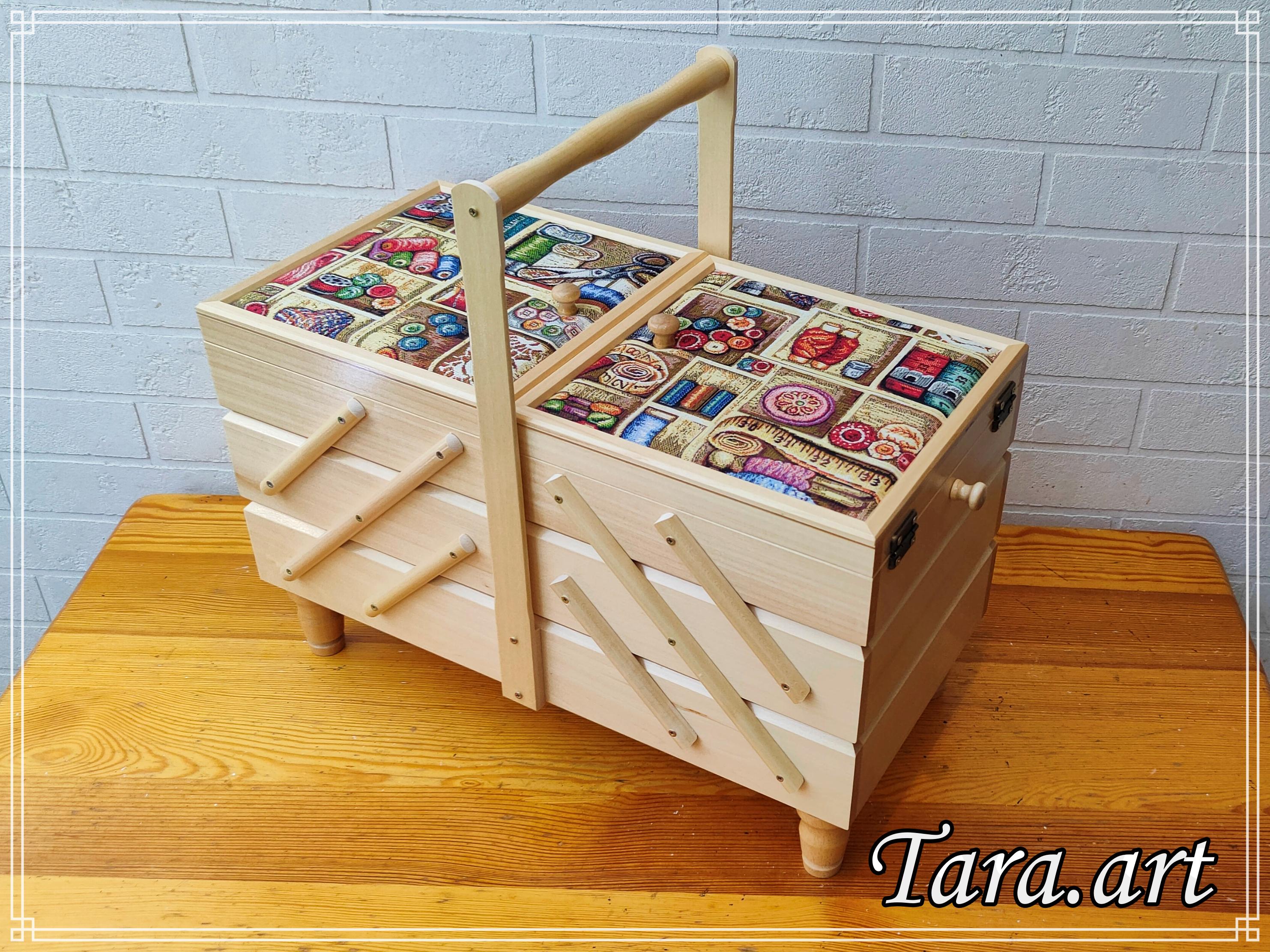 The biggest sewing box, wood storage box for sewing kit, fold out box for craft supplies, sewing box accordion, box upholstered with fabric