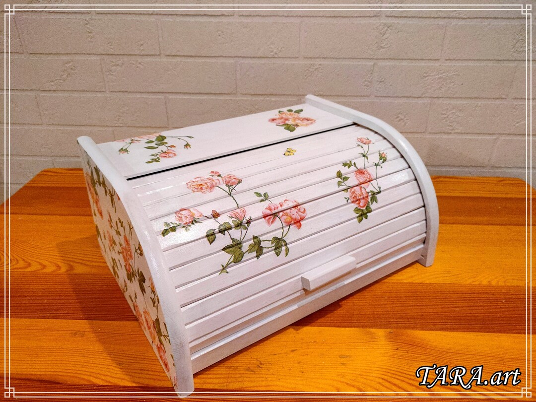White Wooden Bread Box Decorated With Decoupage, Wooden Bread Bin