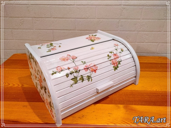 Caja de pan de madera blanca decorada con decoupage, panera de