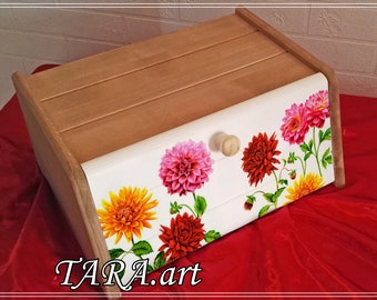 Floral bread box, large bread bin with dahlias, white and brown food storage, kitchen decoration with flowers, personalized gift