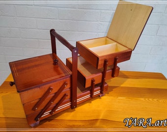 Caja de costura marrón grande, caja de almacenamiento de madera para kit de costura, caja plegable para joyas, caja de costura de madera grande en acordeón, caja con tapas elegantes