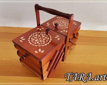 Caja plegable de madera de color marrón claro para kit de costura o joyería, caja de almacenamiento tallada en madera para equipos de costura, caja de madera tallada para joyería