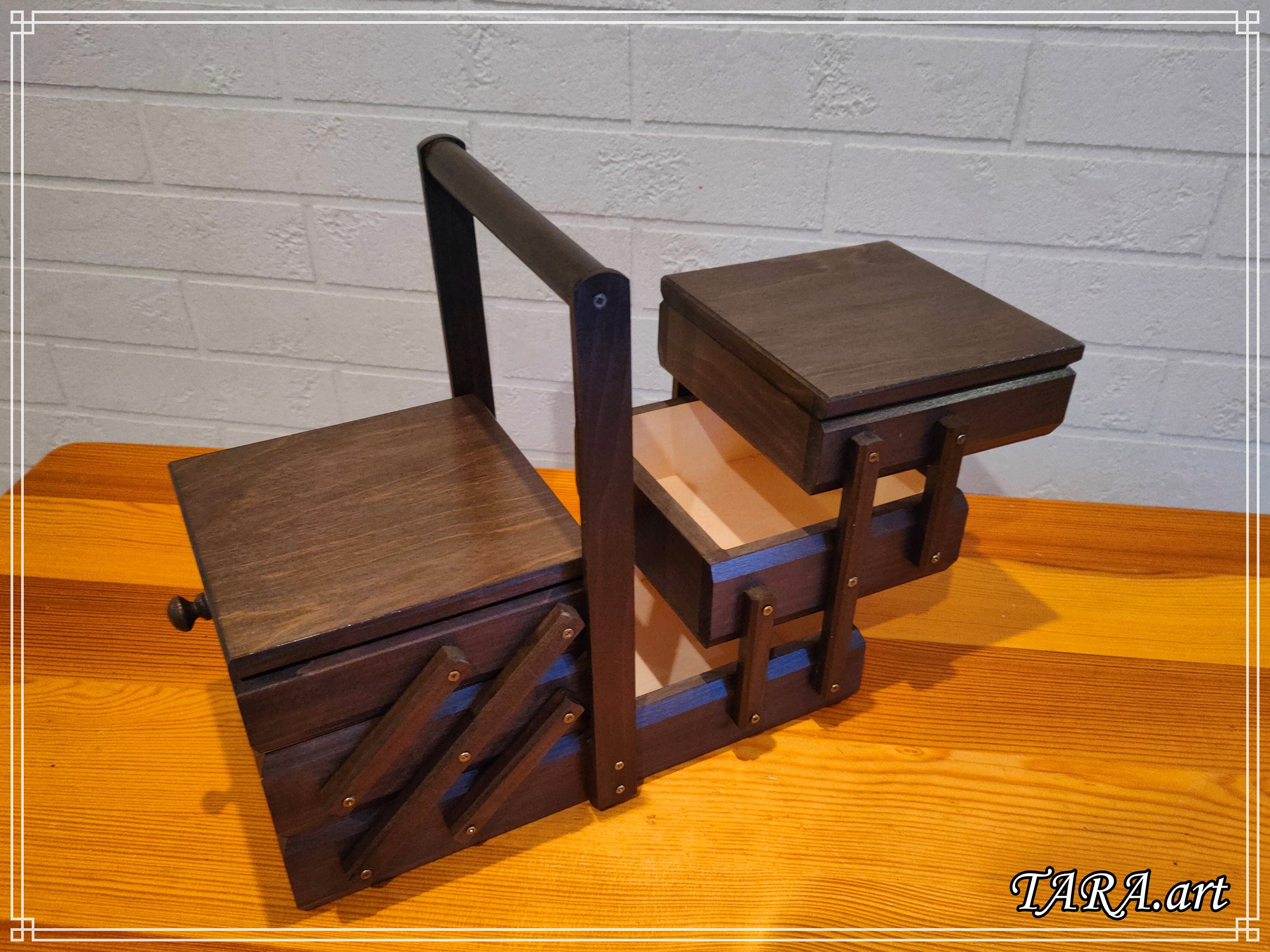Brown Sewing Box Accordion, Wood Sewing Box, Large Sewing Kit
