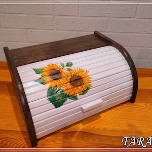 Mörkbrun brödlåda med solrosor, brödlåda i trä, brödlåda i trä, vit/brun brödlåda, decoupage-brödförvaring, matbehållare
