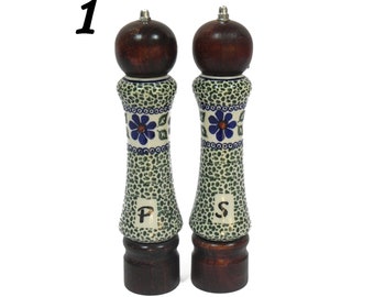 Set de molinillo de sal y pimienta de madera y porcelana, Set de molinillo de sal y pimienta, 2 piezas de molinillos de madera y cerámica hechos a mano