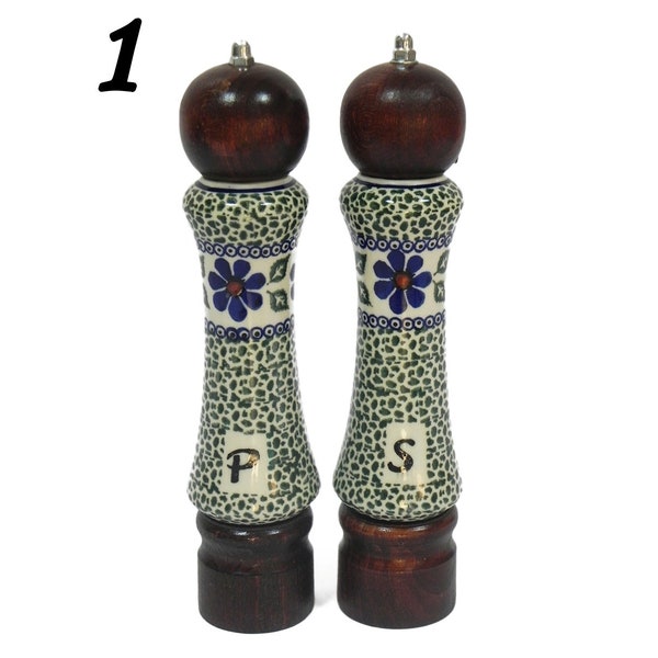 Salt and pepper mill set made from wood and porcelain, Set of salt and pepper grinder, 2 pieces of handmade wooden and ceramic grinders