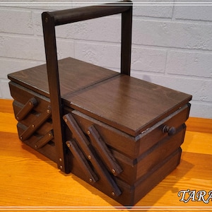 Brown sewing box accordion, wood sewing box, large sewing kit organizer, make up storage, fold out storage box, jewelry casket, simply box