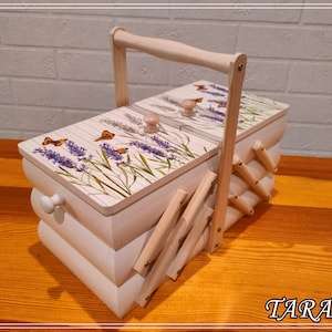Big jewelry box made from natural wood, large storage box for sewing kit and craft supplies, sewing box accordion, violet flowers, lavender