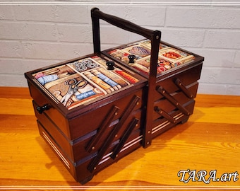 Brown sewing box from wood, storbox for sewing kit, fold out box for jewelry, wooden sewing box accordion, upholstered box, gift for her