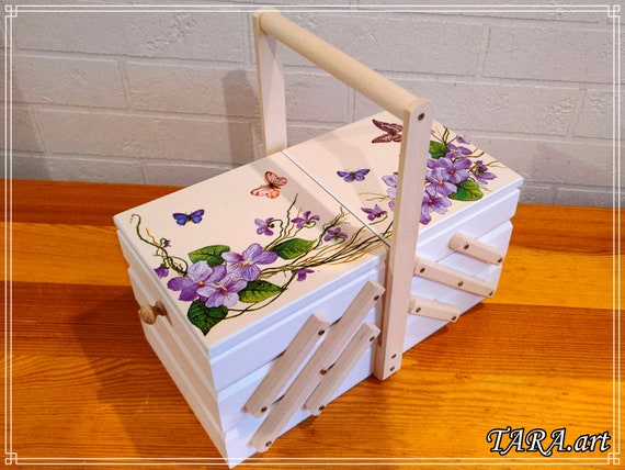 Scatola da cucito in legno, scatola di immagazzinaggio per materiale  artistico, scatola da cucito a fisarmonica, cesto da cucito a sbalzo,  organizzatore pieghevole, fiori di campo viola -  Italia
