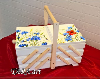 Énorme boîte de rangement pour les petits objets, boîte en accordéon pour coudre, boîte découpée pour bijoux, motif de fleurs des champs, bleuet, coquelicot rouge