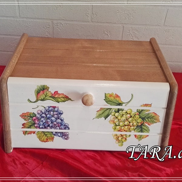 Wooden bread bin, white and brown bread box with green and blue/purple grapes, kitchen storage, decorative bread box, personalized gift