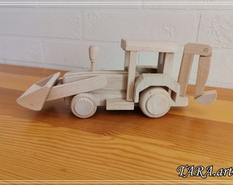 Wooden excavator, unpainted handmade vehicle, natural wood material, toys safe for kids, eco toys for children, Children's Day gift for boy