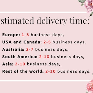 May include: Estimated delivery time for different regions: Europe 1-3 business days, USA and Canada 2-5 business days, Australia 2-7 business days, South America 2-10 business days, Asia 2-10 business days, Rest of the world 2-10 business days.