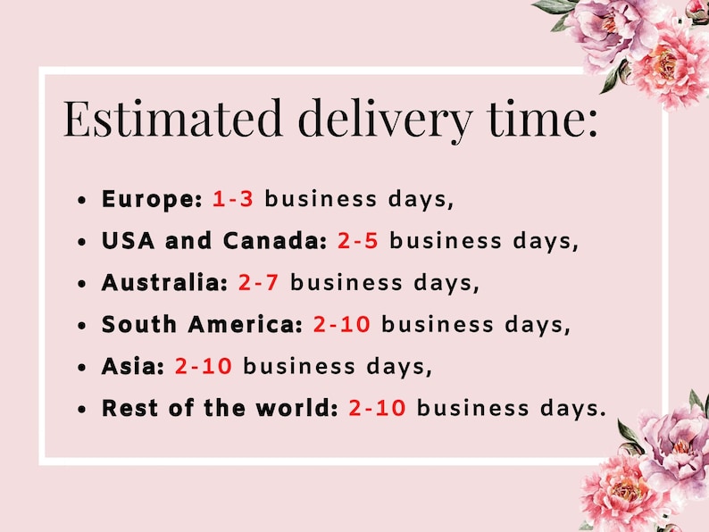 May include: Estimated delivery time for different regions: Europe 1-3 business days, USA and Canada 2-5 business days, Australia 2-7 business days, South America 2-10 business days, Asia 2-10 business days, Rest of the world 2-10 business days.