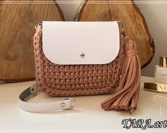 Handmade Crochet Crossbody Bag: Brown Knitted Purse with Leather Flap