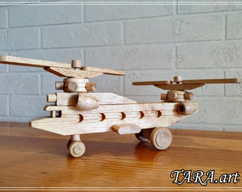 Wooden helicopter for children, non-toxic aircraft toy made from natural wood, big airplane, safe toys for kids, birthday gift for small boy