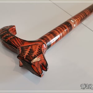 Sturdy Walking Stick, Orange Wooden Cane, Handmade handle, Pretty walking cane stick, Handcrafted solid cane, Carved walking stick from wood