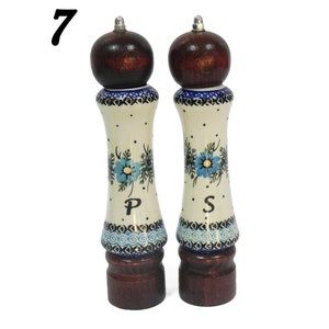 Conjunto de moedor de sal e pimenta de madeira e porcelana, conjunto de moedor de sal e pimenta, 2 peças de moedor de madeira e cerâmica feito à mão
