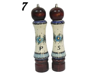Wood and porcelain salt and pepper mill set, Set of salt and pepper grinder, 2 pieces of handmade wooden and ceramic grinder