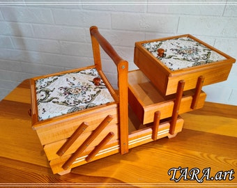 Big sewing box, wood storage box for sewing kit, fold out box for jewelry, large wooden sewing box accordion, upholstered box, best gift
