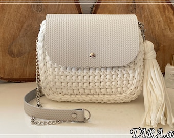 Handmade Crochet T-shirt Yarn Bag: Women's Purse with Leather Flap