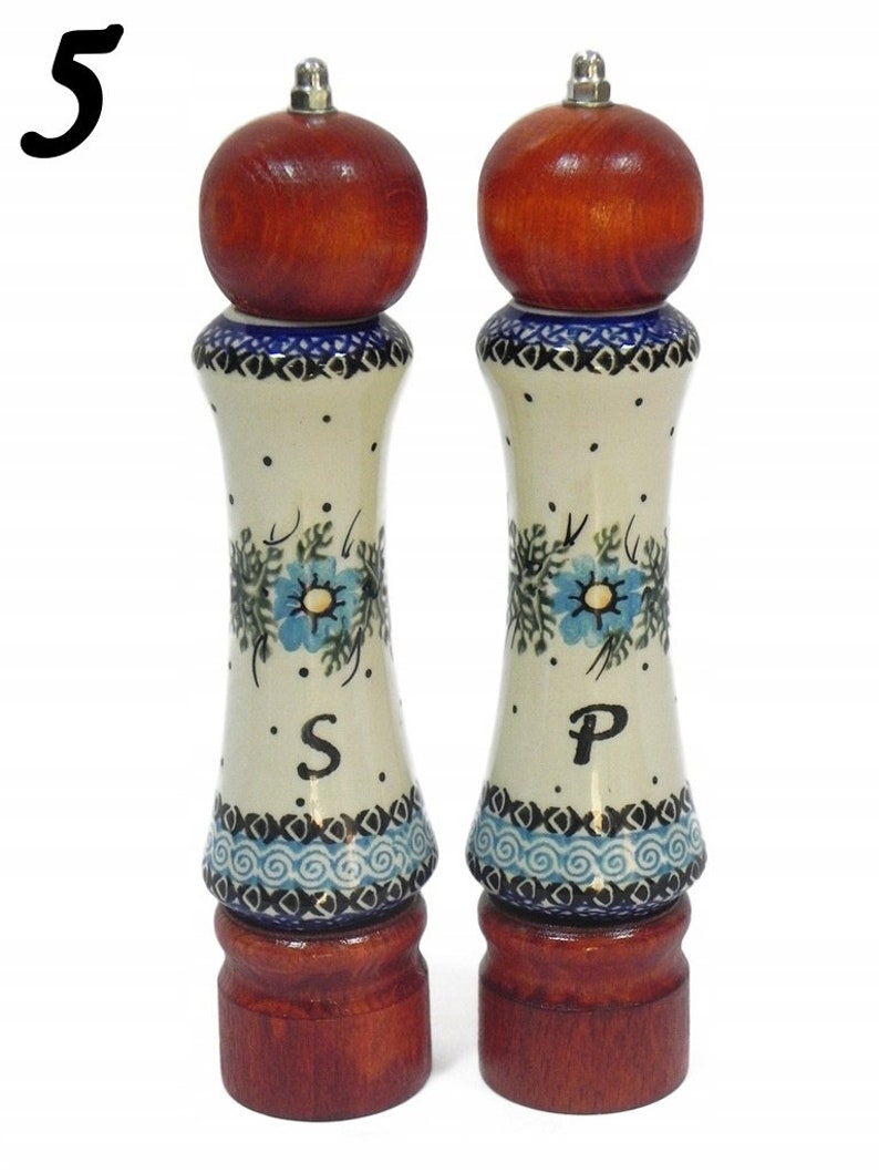 Set of salt and pepper mill made from wood and porcelain, Set of salt and pepper grinder, 2 pieces of handmade wooden and ceramic grinders image 5