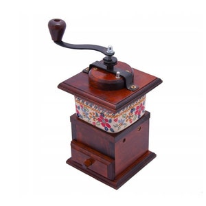 Burgundy mnanual coffee grinder, Coffee mill from wood and porcelain, Coffee grinder, Handmade wooden and ceramic grinder for coffee beans
