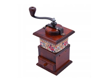 Handmade Burgundy Coffee Grinder: Wood & Porcelain Coffee Mill