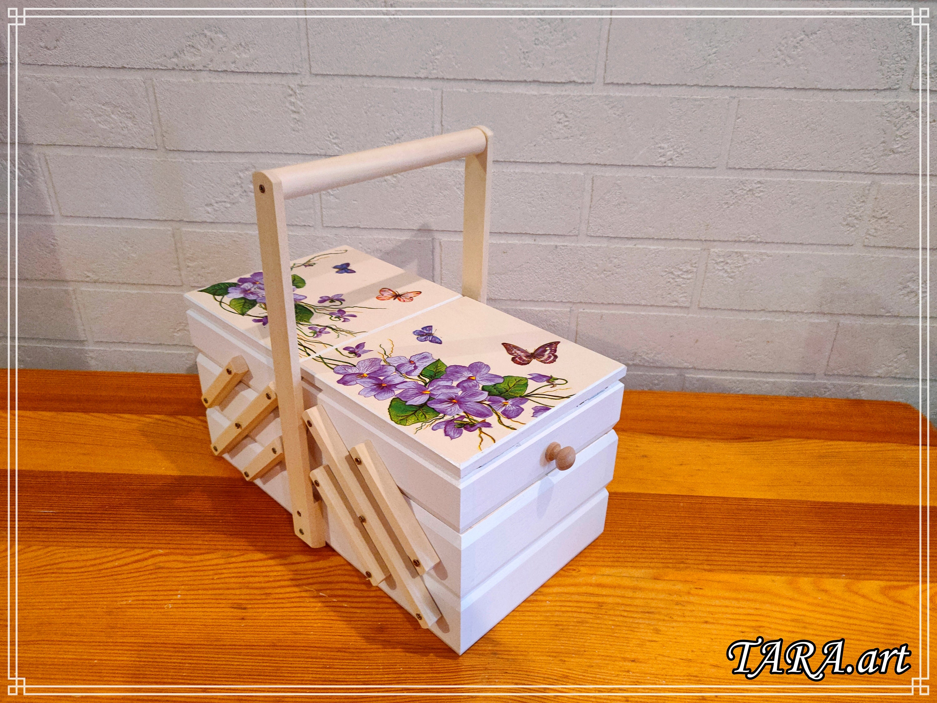 Wooden Sewing Box, Storage Box for Art Supplies, Accordion Sewing Box,  Cantilevered Sewing Basket, Folding Organizer, Violet Field Flowers 