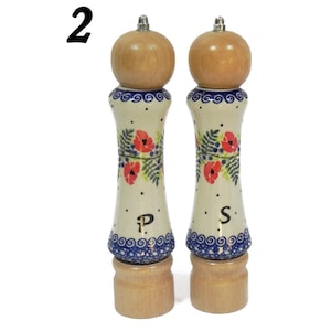 Set of salt and pepper mill made from wood and porcelain, Set of salt and pepper grinder, 2 pieces of handmade wooden and ceramic grinders image 1