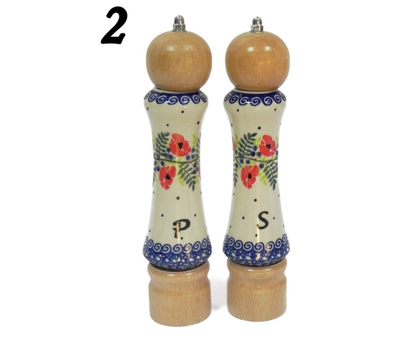 Set of salt and pepper mill made from wood and porcelain, Set of salt and pepper grinder, 2 pieces of handmade wooden and ceramic grinders image 1